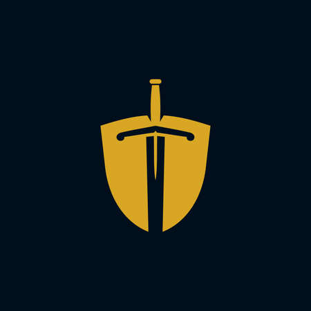 premium elegant sword and shield logo design vector. heraldic knight sword shield symbol iconのイラスト素材