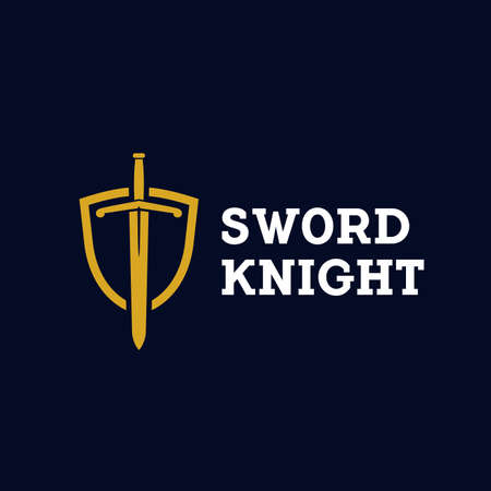 premium elegant linear sword and shield logo design vector template illustration. universal brand template. heraldic knight sword shield symbol iconのイラスト素材
