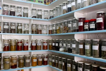MARRAKECH, MOROCCO - April 23, 2014. September of Natural remedies and spices in a Marrakesh shop.のeditorial素材