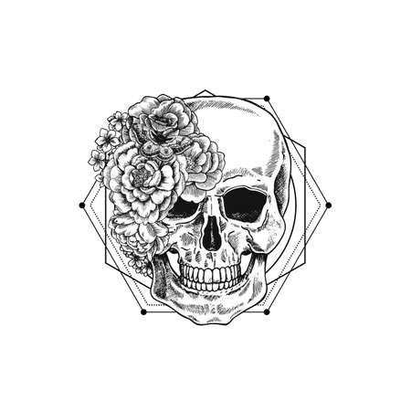Halloween floral vintage skull illustration. Human skeleton. Vector illustrationのイラスト素材
