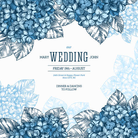 Hydrangea vintage wedding invitation. Engraved style floral wedding invitation. Vector illustrationのイラスト素材