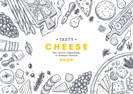 Cheese collection top view illustration. Antipasto table background. Engraved style illustration. Hero image. Vector illustration