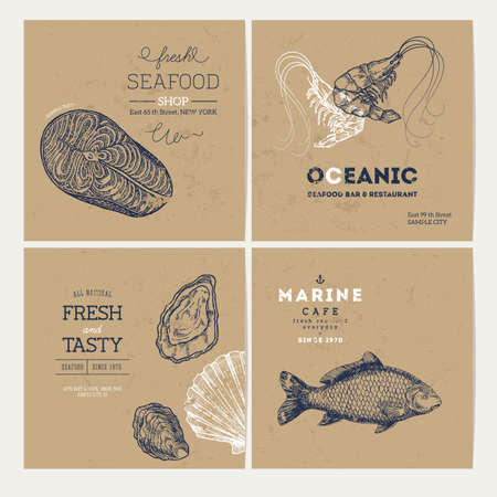 Seafood design template collection. Fish banners set. Vector illustrationのイラスト素材