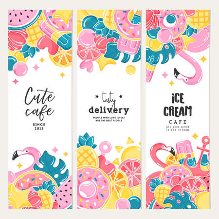 Cafe design template collection. Balloons set. Flamingo, ice cream, watermelon, sun, monstera, pineapple. Vector illustrationのイラスト素材