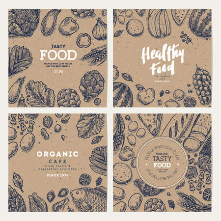 Healthy food banner collection. Good nutrition backgrounds. Linear graphic. Hero image. Vector illustrationのイラスト素材