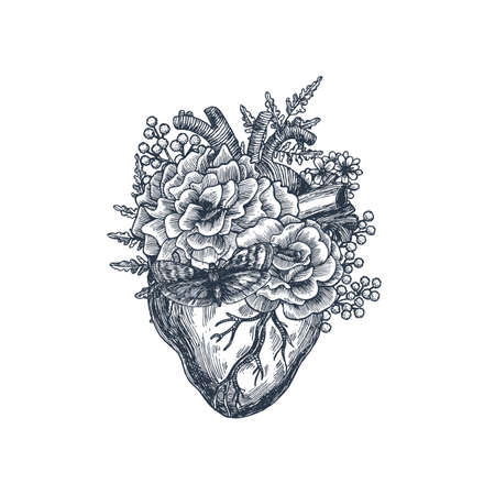 Tattoo anatomy vintage illustration. Floral anatomical heart. Vector illustrationのイラスト素材