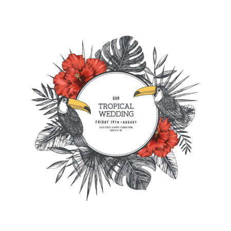 Hawaii leaves and birds wedding invitation.のイラスト素材