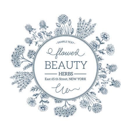 Hand Drawn Vintage Beauty Herbs. Round Composition design template. Vector illustration.のイラスト素材