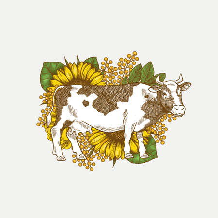 Sunflower and cow print illustration. Country style illustration. Vector illustrationのイラスト素材