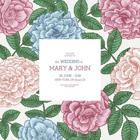 Floral wedding invitation template. Floral card design. Vintage roses. Vector illustrationのイラスト素材