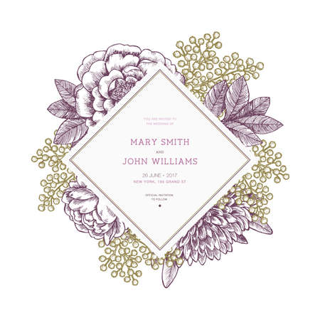 Floral wedding invitation template. Vintage flower greeting card. Vector illustrationのイラスト素材