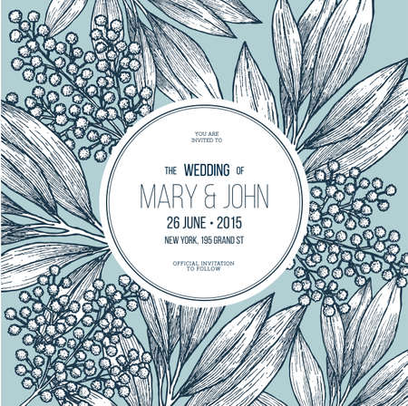 Mimosa flower wedding invitation. Vintage floral design template. Vector illustrationのイラスト素材