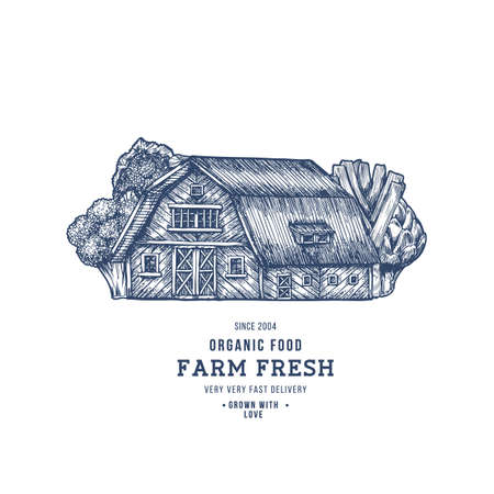 Farm house logotype. Farm fresh products. Organic vegetables. Vector illustrationのイラスト素材