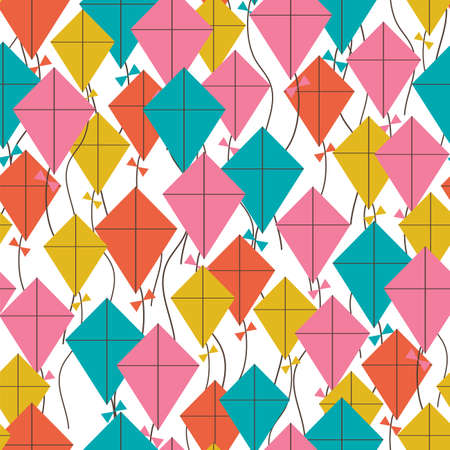 Kites seamless pattern. Flying kites background. Retro fabric style. Vector illustrationのイラスト素材