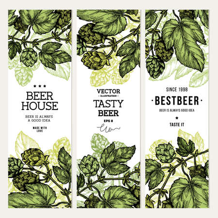 Beer hop banner collection. Engraved style illustration. Vintage beer design template. Vector illustrationのイラスト素材