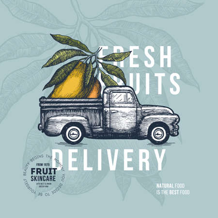 Farm fresh delivery design template. Classic vintage pickup truck with vegetables. Vector illustrationのイラスト素材