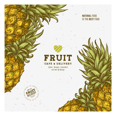 Pineapple fruit vintage design template. Botanical fruit. Engraved pineapple vector illustration.のイラスト素材