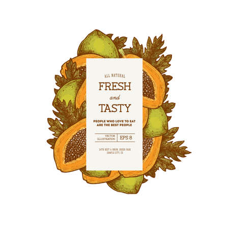 Fresh papaya vertical composition. Tropical fruit design template. Vector illustration.のイラスト素材