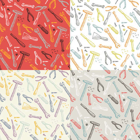 Set Of Vintage Construction Tools Seamless Patternsのイラスト素材