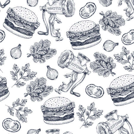 Burger engaved seamless pattern. Fast food background. Vector illustrationのイラスト素材