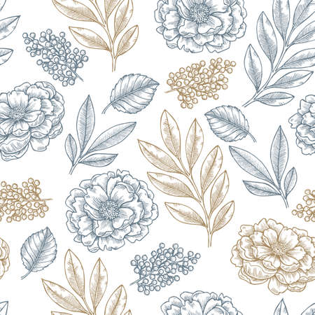 Floral seamless pattern in linear sketchy style  elements. Vintage fabric design Vector illustrationのイラスト素材