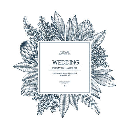 Wild flowers wedding invitation. Vintage floral design template. Vector illustrationのイラスト素材