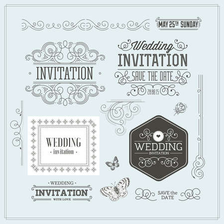 Vintage wedding invitation design kit. Elements, ornaments, badges. Vector illustration.のイラスト素材