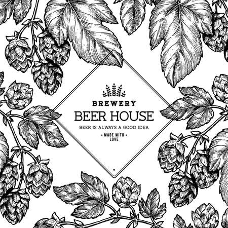 Beer hop frame . Engraved style illustration. Vintage beer design template. Vector illustration.のイラスト素材