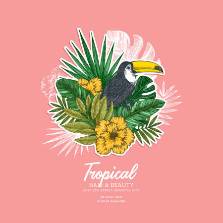 Summer floral retro design template. Bird vintage composition. Vector illustrationのイラスト素材