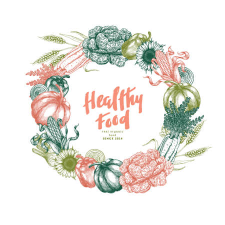 Fresh vegetables wreath design template. Handsketched vintage vegetables. Line art illustration. Vector illustrationのイラスト素材