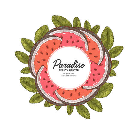 Vintage watermelon slices round design template. Vector illustrationのイラスト素材