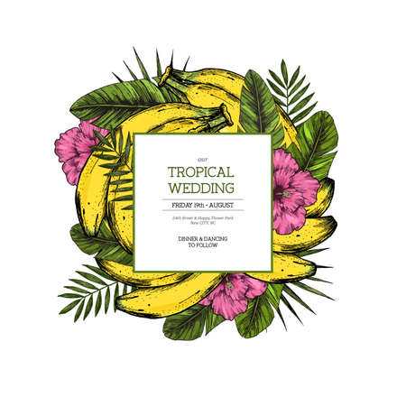 Tropical wedding invitation. Jungle composition. Vector illustrationのイラスト素材