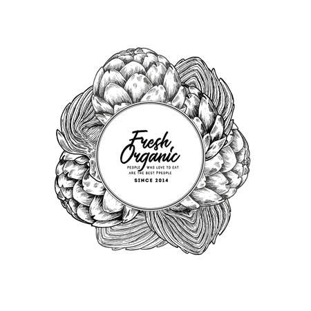Round artichoke design template. Organic vegetables. Vector illustrationのイラスト素材