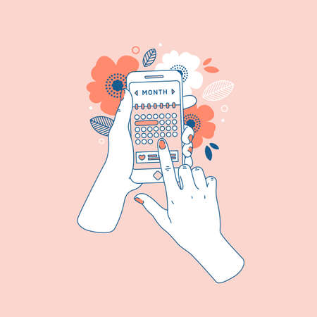 Woman hand holding smartphone with menstruation cycle calendar. Floral phone in hands. Vector illustrationのイラスト素材