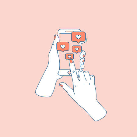 Social media like. Woman hand with smartphone. Following notification. Vector illustration