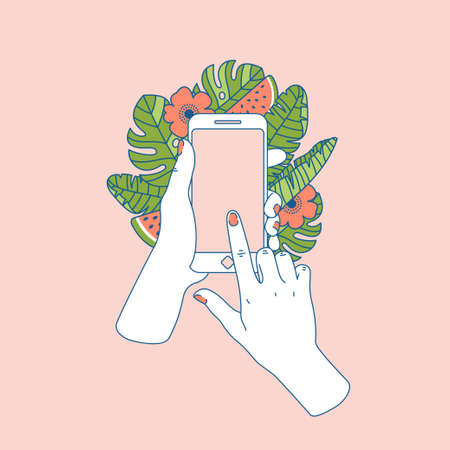 Woman hand with smartphone. Travel booking. Summer vacation. Summer elements, tropical leaves, watermelon. Vector illustrationのイラスト素材