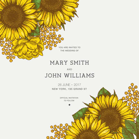 Sunflower vintage wedding invitation. Sunflowers card design. Vector illustrationのイラスト素材