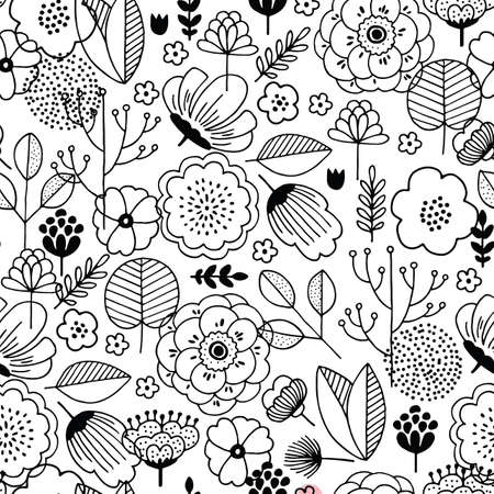 Cute flower seamless pattern. Linear graphic. florals background. Scandinavian style. Vector illustrationのイラスト素材