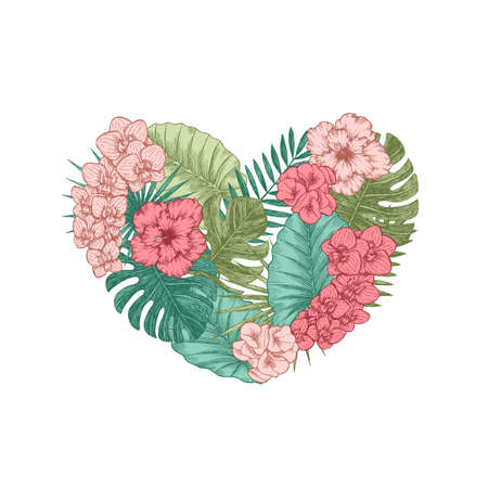 Exotic flowers and leaves heart shape. Tropical style. Vector illustrationのイラスト素材
