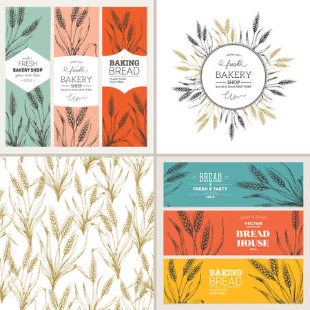 Bread design template collection. Banners, pattern, composition. Vector illustrationのイラスト素材