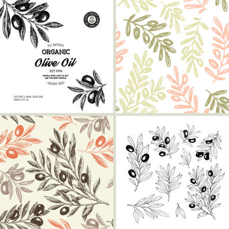 Olive design templates. Composition, seamless patterns. Vector illustrationのイラスト素材