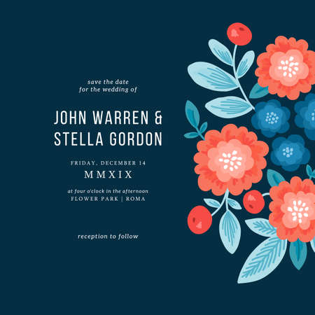 Folk florals wedding invitation. Floral design template.のイラスト素材