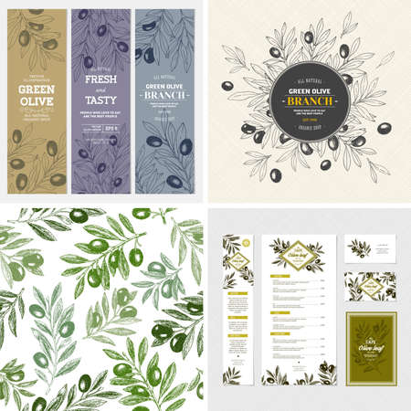 Olive design templates. Composition, seamless pattern, branding, banners. Vector illustrationのイラスト素材