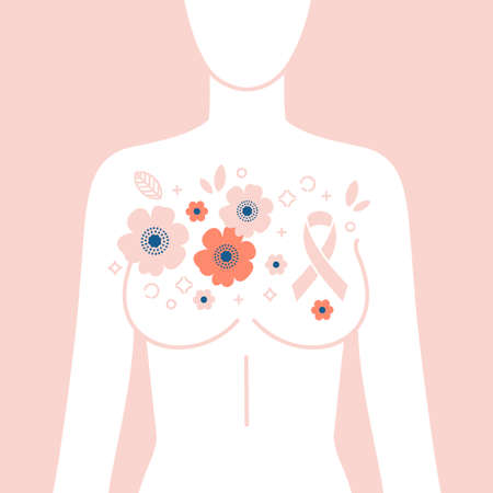 Breast cancer awareness ribbon and flowers. Woman health. Stop cancer. Vector illustrationのイラスト素材