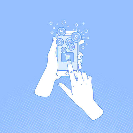 Woman hand holding smartphone. Online shopping. Online store application. Digital style.のイラスト素材