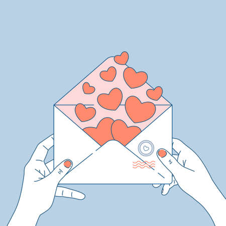 Woman hands holding love letter. Valentine's day envelope with hearts inside. Valentines's day...