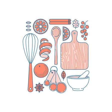 Christmas hot mulled wine recipe. Kitchen supplies. Making drinks. Vector illustrationのイラスト素材