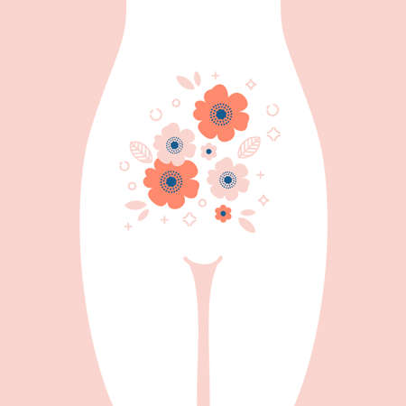 Women health illustration. Stomach with the flower inside. Young happy woman. Vector illustrationのイラスト素材