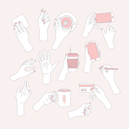 Women set of hands. Hands holding smartphone, card, tube, coffee cup, tea cup, credit card and pencil. Feminine illustration. Vector illustrationのイラスト素材