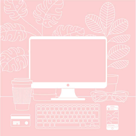 Women workspace. Desktop computer with pot plant, cup of coffee, credit card, keyboard, phone and glasses. Vector illustrationのイラスト素材